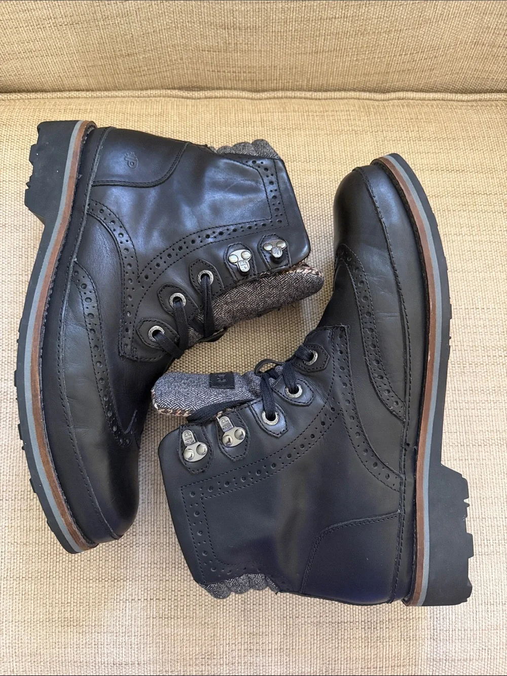Pajar Canada Leather Wingtip Lace-Up Combat Boots Black Plaid Lined US 11–11.5